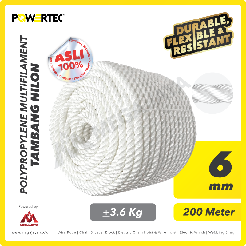 Dapatkan Produk PP Multi (Nylon) Rope Powertec 6Milimeter - Cir 3/4