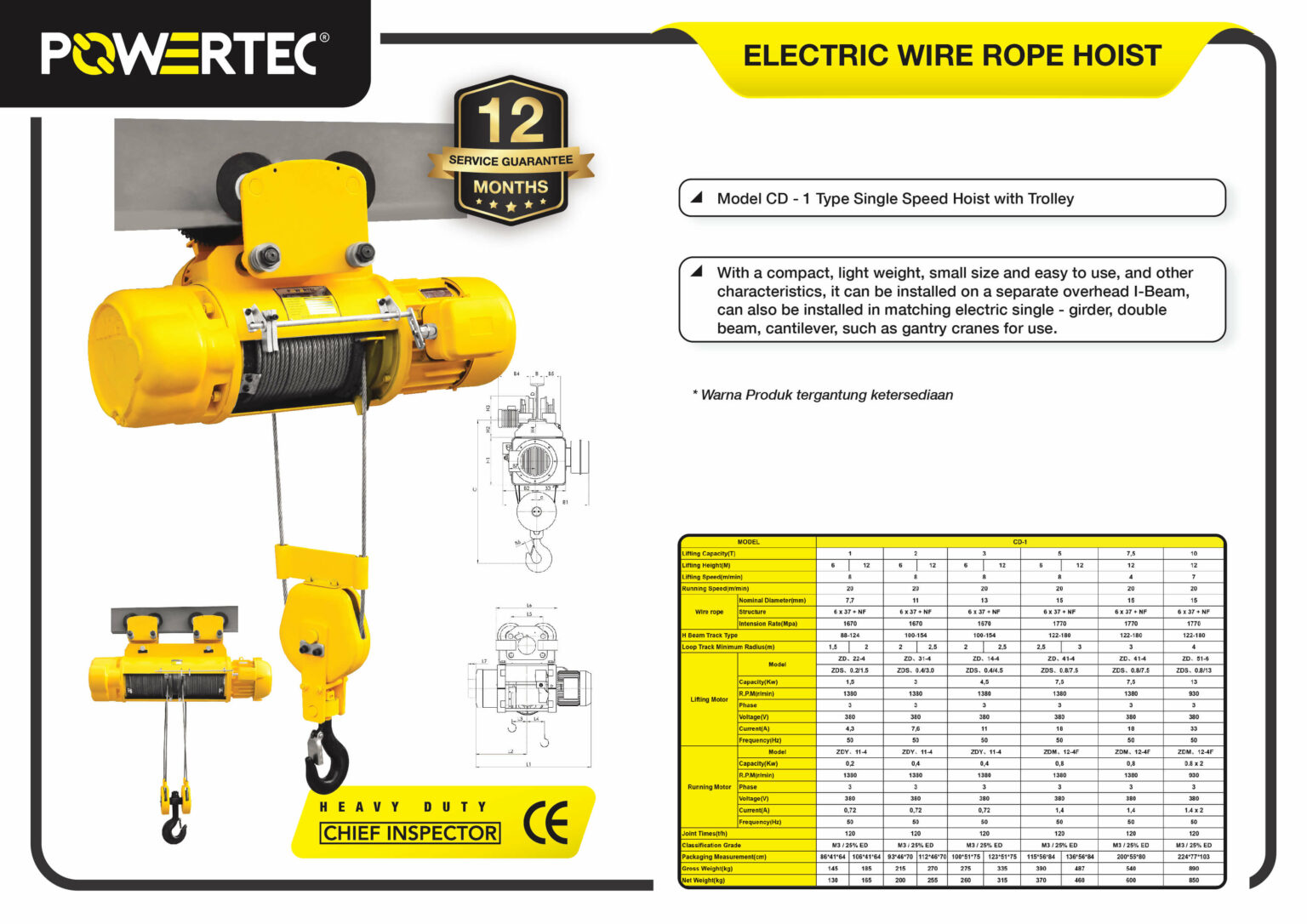 Dapatkan Produk Electric Wire Rope Hoist 3F Powertec CD1 + Trolley 10 ...