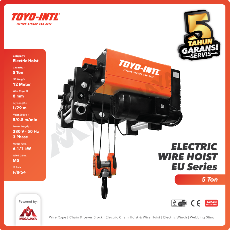 AEjssf3 Electric Wire Rope Hoist 3F Toyo European Type + Trolley 5T x 12 M (Single Girder) - Image 1